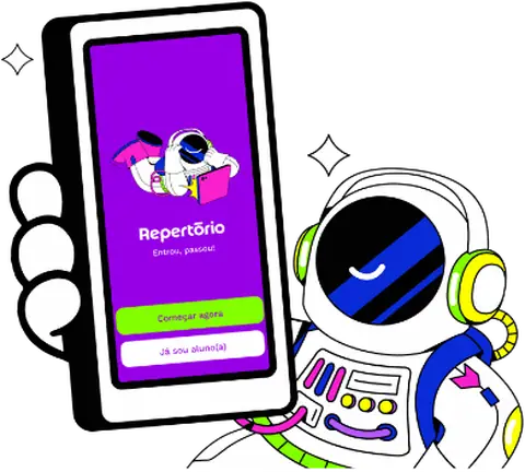 Repe, o astronauta mascote do Repertório, segurando o app de estudos para o Enem